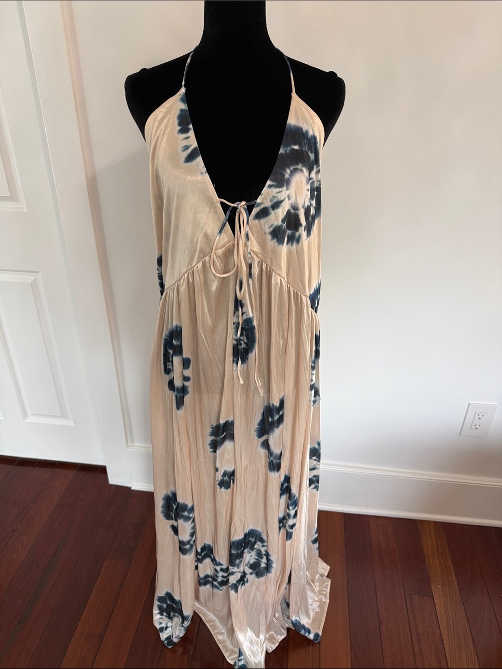 Zara Beige Tie-Dye Maxi Dress with Navy Accents